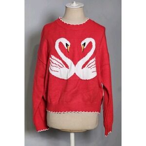 Luna Ivy Red Swan Heart Knit Long-sleeve Sweater Size Medium
